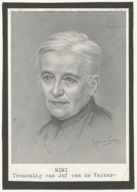 Portret van Mimi Douwes Dekker-Hamminck Schepel, getekend door Jef Van de Fackere