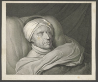 Portret van Willem Bilderdijk op zijn doodsbed, gravure van Philippus Velijn naar een schilderij van Gerrit Jan Michaëlis
