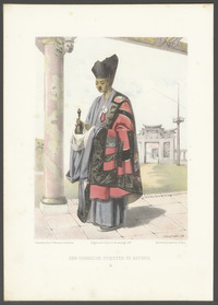 Een Chinesche priester te Batavia, getekend door E. Hardouin, kleurenlithografie