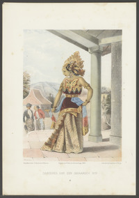 Danseres aan een Javaansch hof, getekend door E. Hardouin, kleurenlithografie