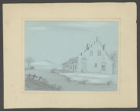 Huis aan het water, getekend door E.L. Schepel