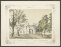 Batavia: poort van het voormalig kasteel van Batavia,  toonlithografie door G.J. Bos naar Ch. Th. Deeleman