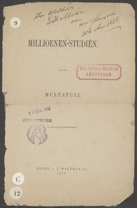 Opdracht van Multatuli aan E. Mohr op titelblad Millioenenstudiën