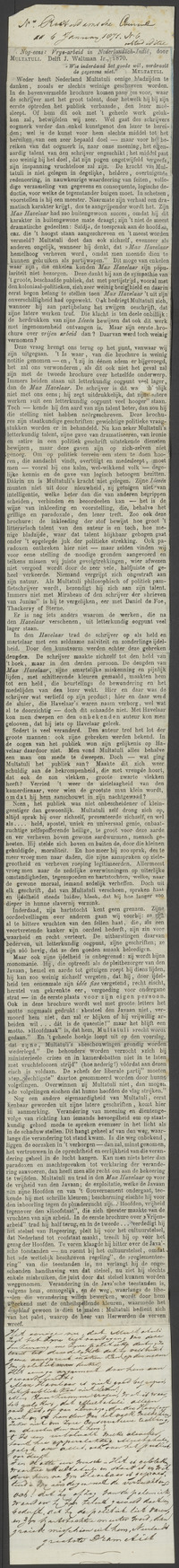 Recensie 'Nog eens: Vrye-arbeid in Nederlandsch-Indië', in Rotterdamsche Courant 6-1-1871